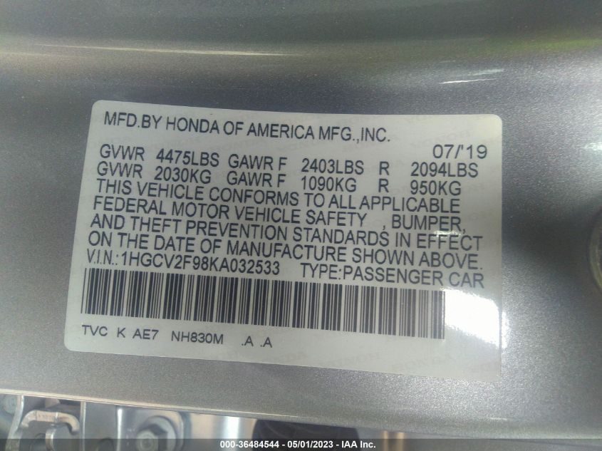 2019 HONDA ACCORD SEDAN TOURING 2.0T - 1HGCV2F98KA032533