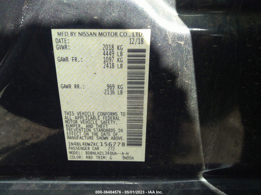 VIN 1N4BL4DW2KC156778 2019 NISSAN ALTIMA 2.5 SV