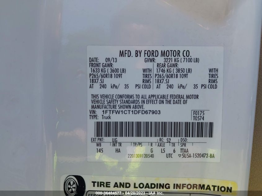2013 FORD F-150 XL/XLT/FX2/LARIAT - 1FTFW1CT1DFD67903