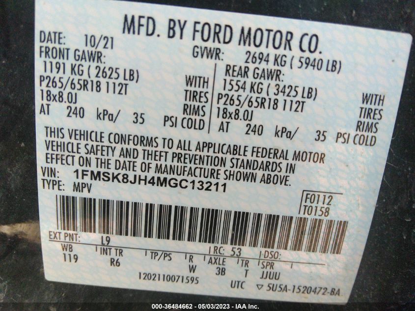 2021 FORD EXPLORER TIMBERLINE - 1FMSK8JH4MGC13211