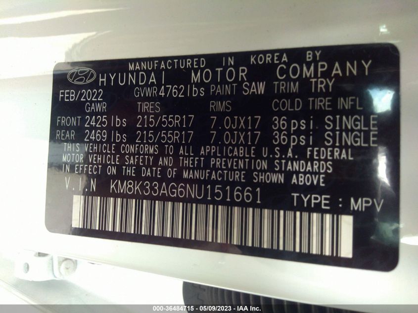 2022 HYUNDAI KONA ELECTRIC SEL - KM8K33AG6NU151661