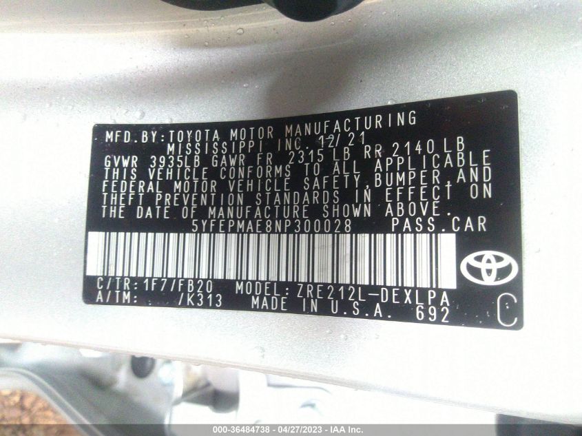2022 TOYOTA COROLLA LE - 5YFEPMAE8NP300028