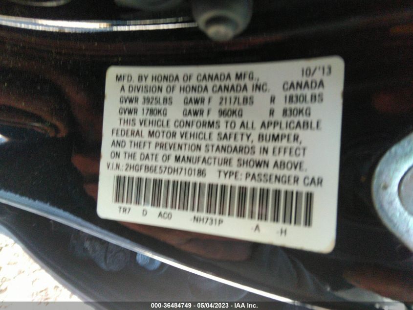 2013 HONDA CIVIC SDN SI - 2HGFB6E57DH710186