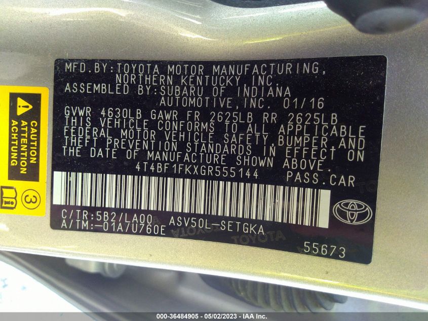 2016 TOYOTA CAMRY XLE/SE/LE/XSE - 4T4BF1FKXGR555144