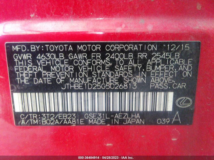2016 LEXUS IS 350 JTHBE1D25G5026813