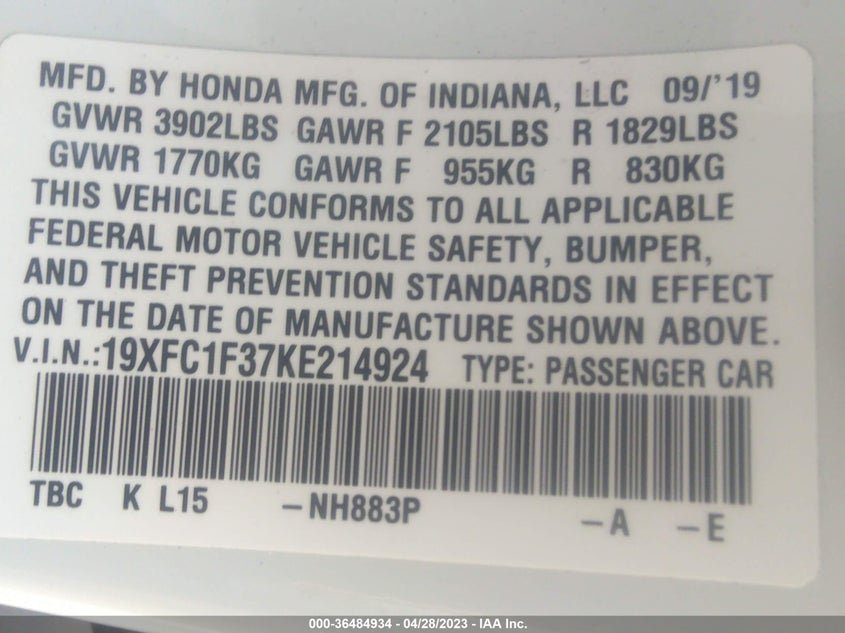 VIN 19XFC1F37KE214924 2019 HONDA CIVIC SEDAN EX
