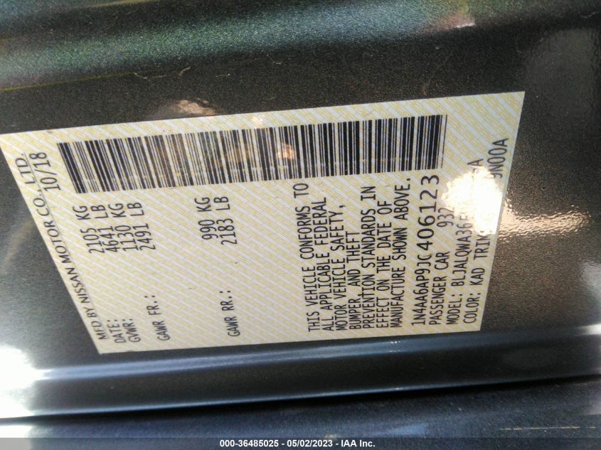 2018 NISSAN MAXIMA S - 1N4AA6AP9JC406123