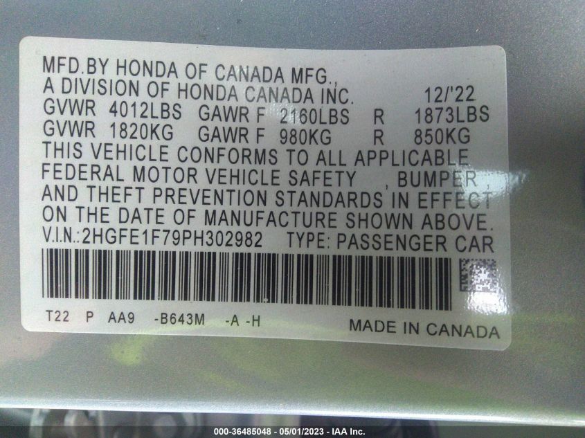 2023 HONDA CIVIC SEDAN EX - 2HGFE1F79PH302982