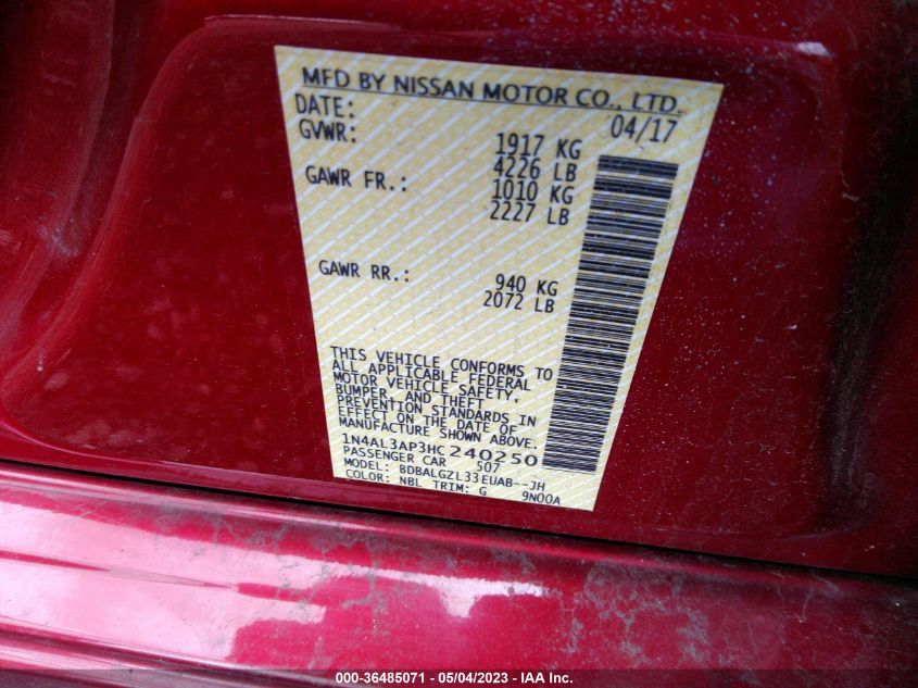 2017 NISSAN ALTIMA 2.5 S - 1N4AL3AP3HC240250