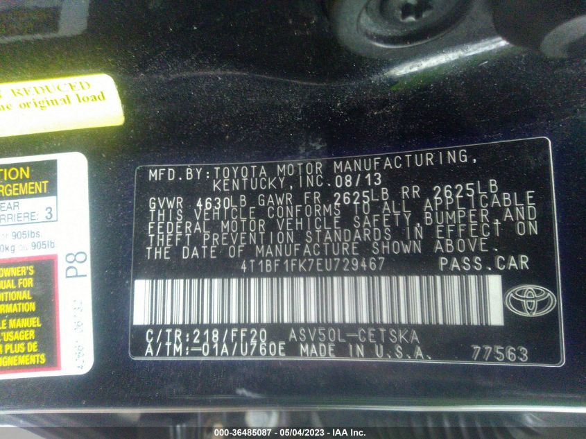 2014 TOYOTA CAMRY L/LE/XLE/SE/SE SPORT - 4T1BF1FK7EU729467
