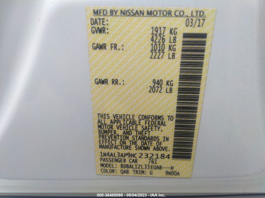 2017 NISSAN ALTIMA 2.5 SV - 1N4AL3AP9HC232184