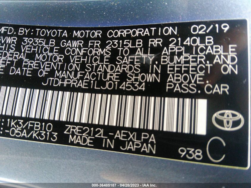 2020 TOYOTA COROLLA LE - JTDHPRAE1LJ014534