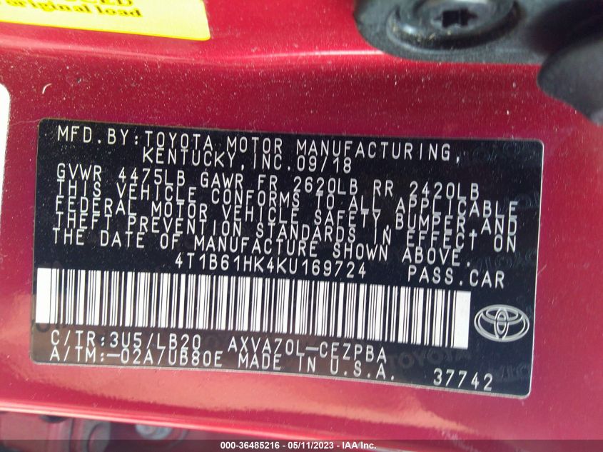 2019 TOYOTA CAMRY XSE - 4T1B61HK4KU169724