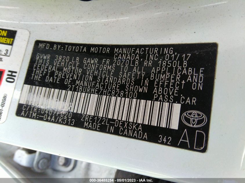2017 TOYOTA COROLLA L/LE/XLE/SE - 2T1BURHE7HC828100