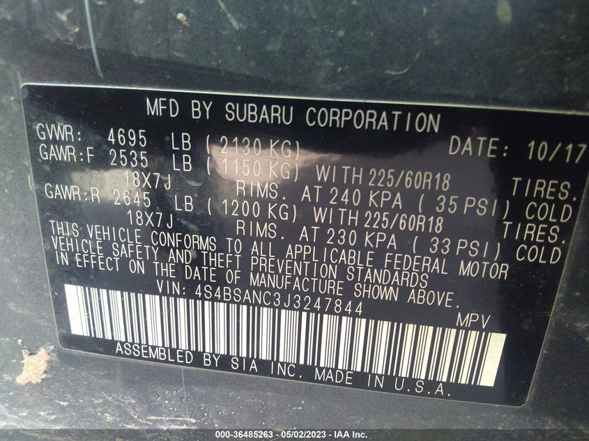 VIN 4S4BSANC3J3247844 2018 SUBARU OUTBACK LIMITED