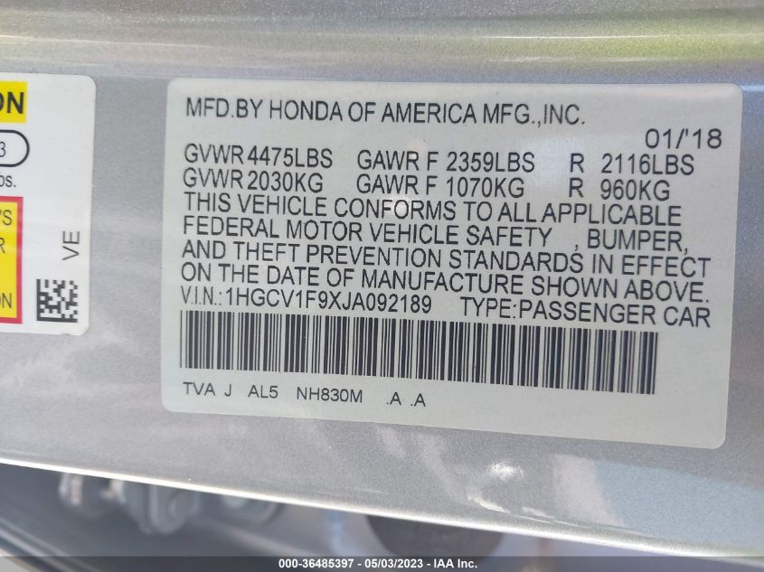 2018 HONDA ACCORD SEDAN TOURING 1.5T - 1HGCV1F9XJA092189