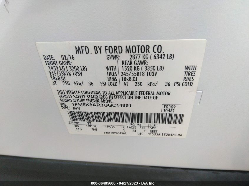 2016 FORD UTILITY POLICE 1FM5K8AR3GGC14991