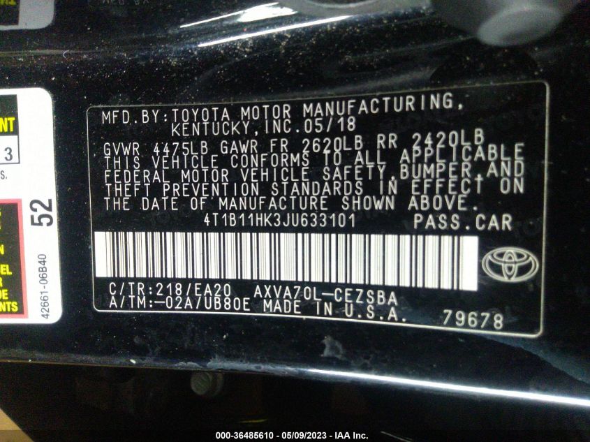 2018 TOYOTA CAMRY SE - 4T1B11HK3JU633101