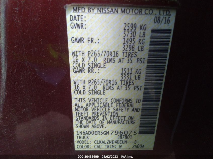 2016 NISSAN FRONTIER SV - 1N6AD0ER5GN796075