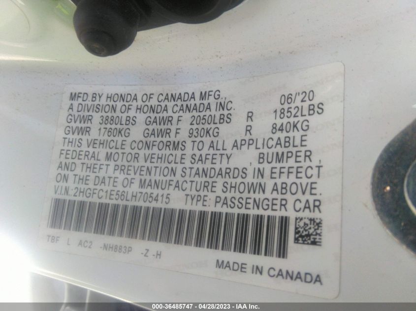 2020 HONDA CIVIC SI SEDAN 2HGFC1E56LH705415