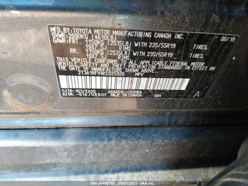 2019 TOYOTA RAV4 XLE PREMIUM - 2T3A1RFV4KC025928