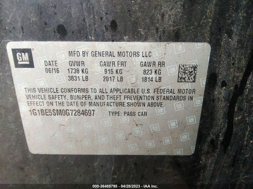 2016 CHEVROLET CRUZE LT - 1G1BE5SM0G7284697