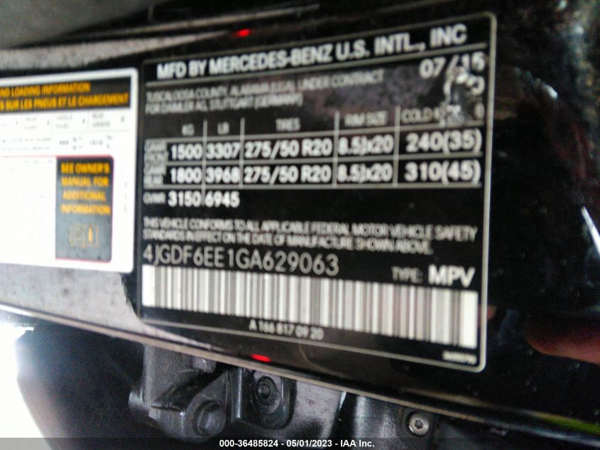 2016 MERCEDES-BENZ GL GL 450 4JGDF6EE1GA629063