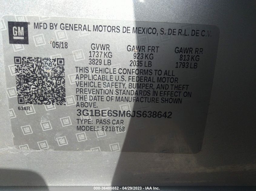 2018 CHEVROLET CRUZE LT - 3G1BE6SM6JS638642