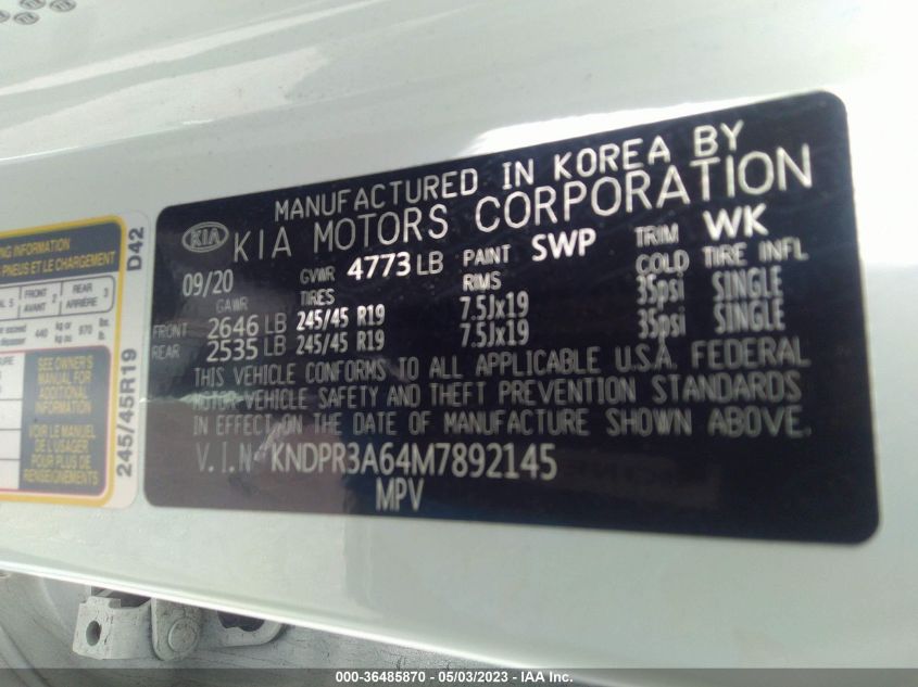 2021 KIA SPORTAGE SX TURBO - KNDPR3A64M7892145