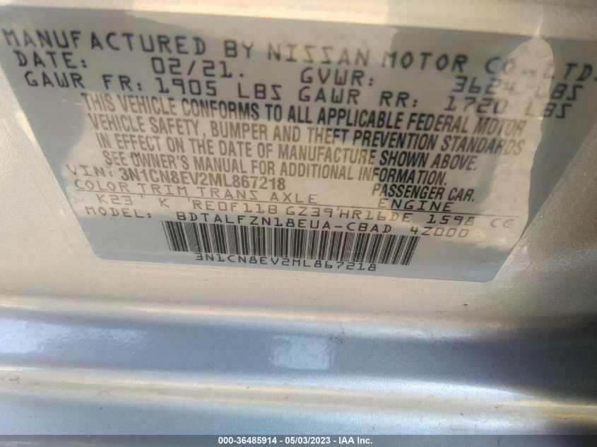 2021 NISSAN VERSA SV - 3N1CN8EV2ML867218