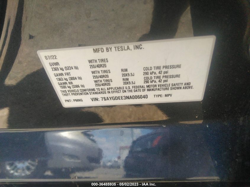 2022 TESLA MODEL Y LONG RANGE - 7SAYGDEE3NA006040