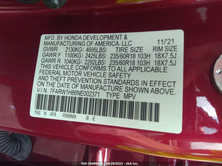 VIN 7FARW1H86NE002371 2022 HONDA CR-V EX-L