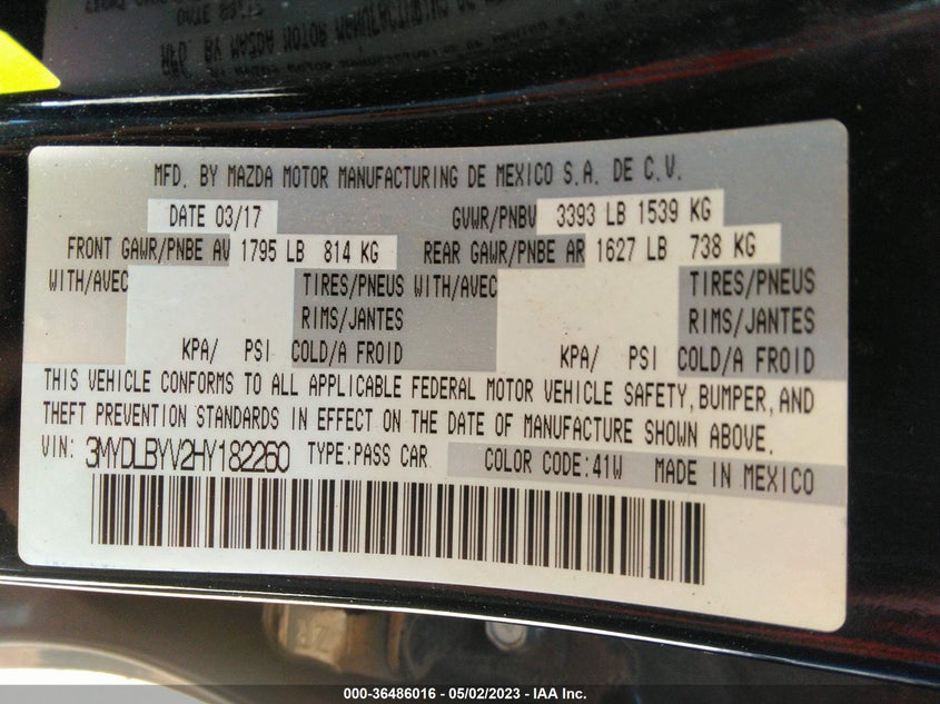 VIN 3MYDLBYV2HY182260 2017 TOYOTA YARIS IA