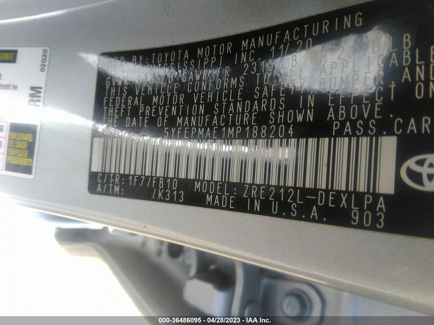 VIN 5YFEPMAE1MP188204 2021 TOYOTA COROLLA LE
