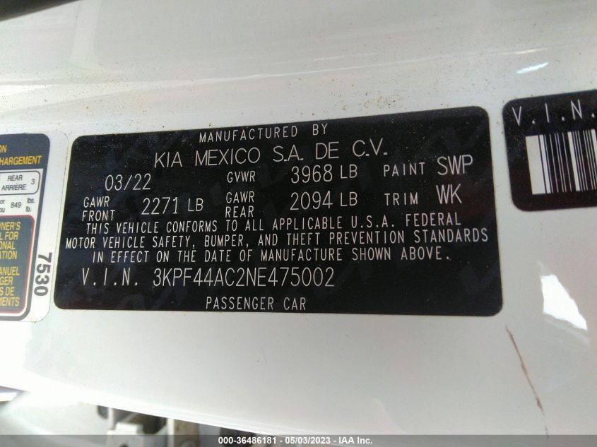 2022 KIA FORTE GT - 3KPF44AC2NE475002