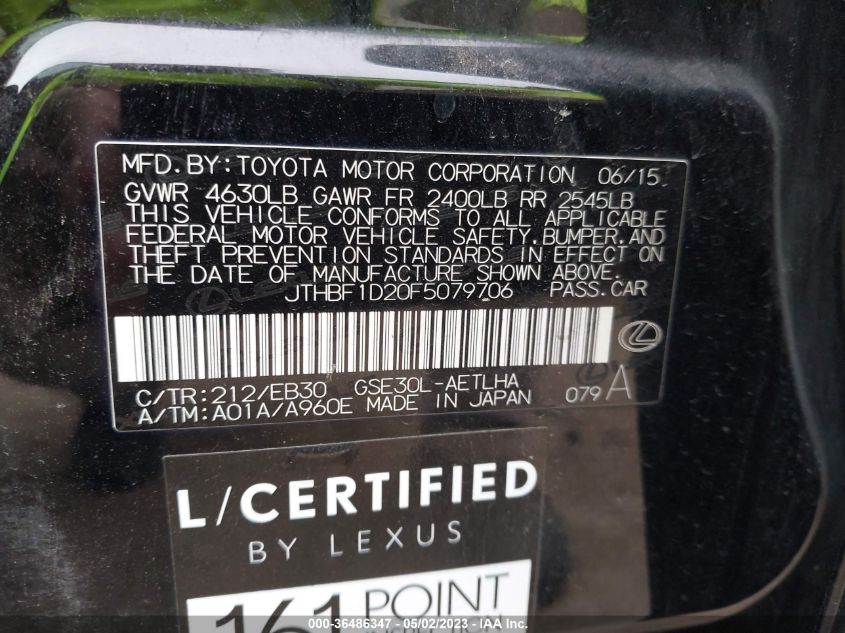 2015 LEXUS IS 250 - JTHBF1D20F5079706