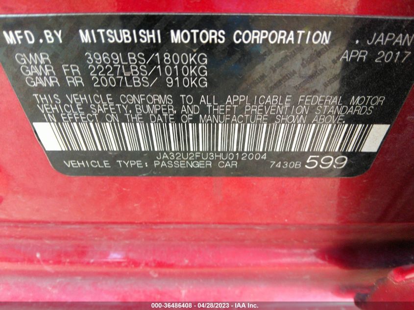 2017 MITSUBISHI LANCER ES/LE - JA32U2FU3HU012004