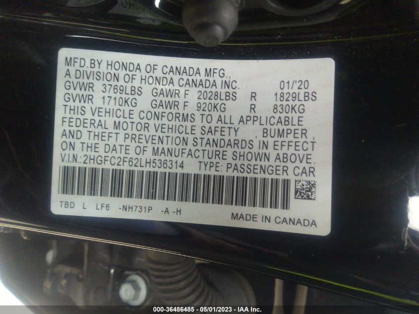 2020 HONDA CIVIC SEDAN LX - 2HGFC2F62LH536314