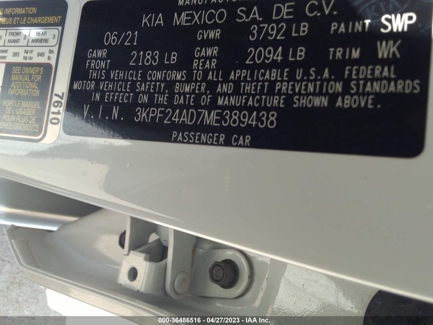 VIN 3KPF24AD7ME389438 2021 KIA FORTE LXS
