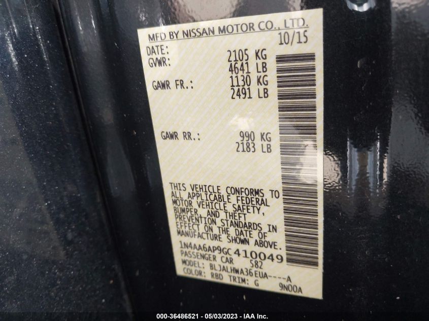 2016 NISSAN MAXIMA 3.5 PLATINUM - 1N4AA6AP9GC410049