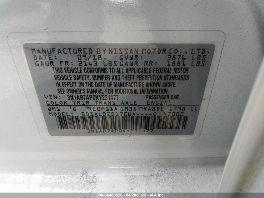 VIN 3N1AB7AP0KY231477 2019 NISSAN SENTRA SV