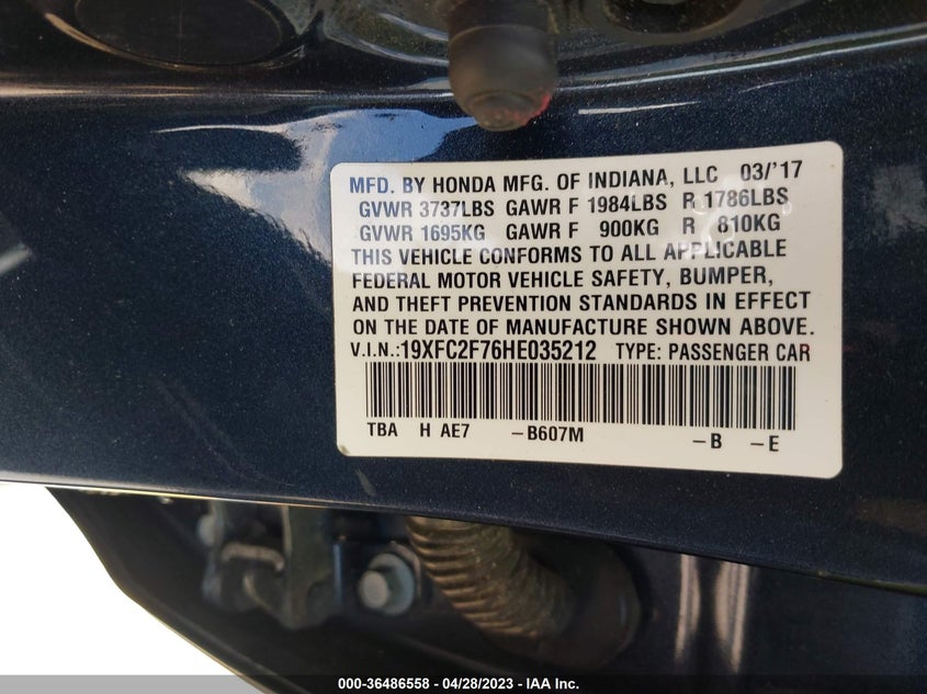 VIN 19XFC2F76HE035212 2017 HONDA CIVIC SEDAN EX