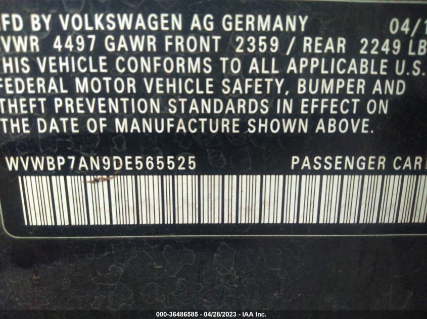 2013 VOLKSWAGEN CC SPORT - WVWBP7AN9DE565525