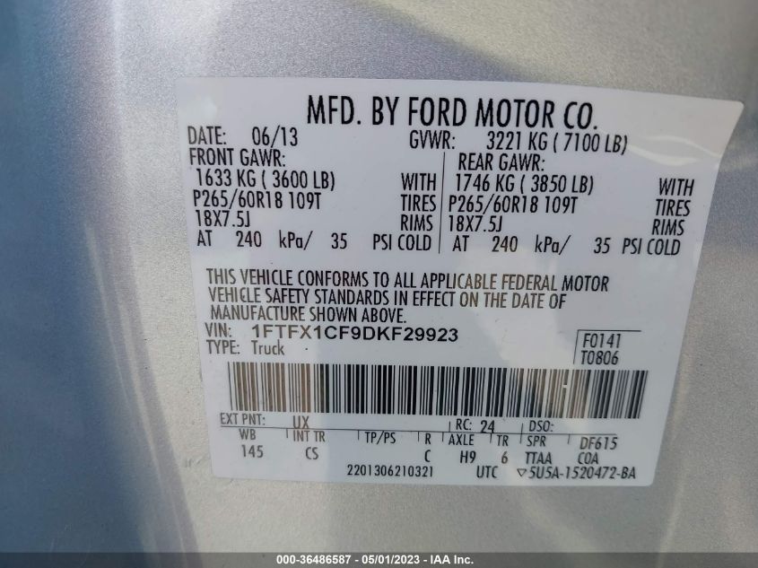 2013 FORD F-150 XL/STX/XLT/FX2/LARIAT - 1FTFX1CF9DKF29923