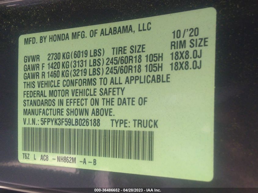 2020 HONDA RIDGELINE RTL - 5FPYK3F59LB026188