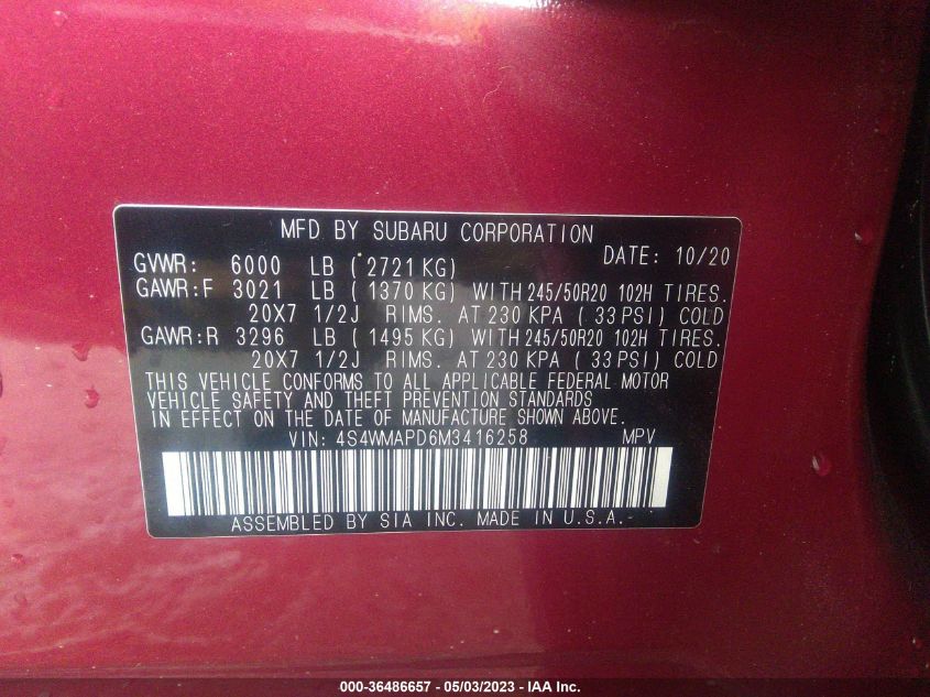 2021 SUBARU ASCENT LIMITED - 4S4WMAPD6M3416258