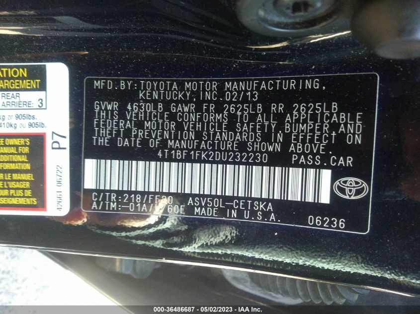 2013 TOYOTA CAMRY L/LE/SE/XLE - 4T1BF1FK2DU232230