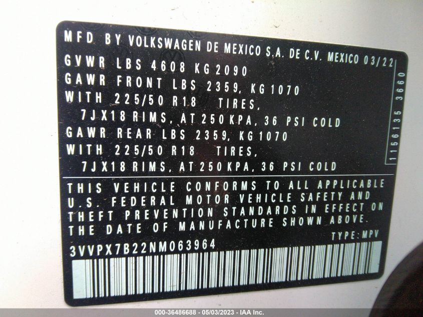 2022 VOLKSWAGEN TAOS SE - 3VVPX7B22NM063964