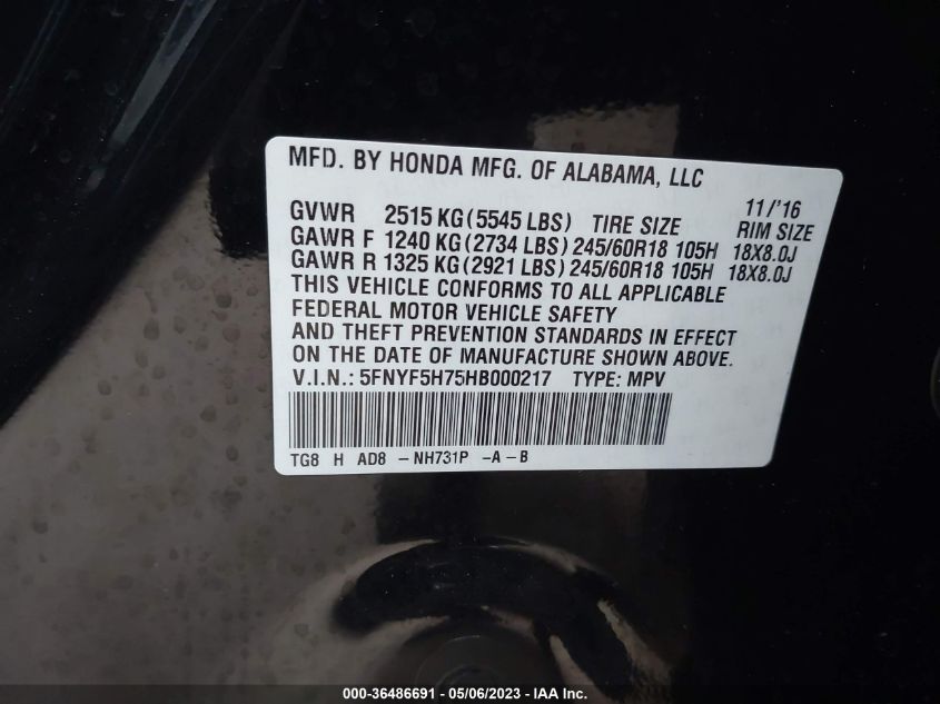 2017 HONDA PILOT EX-L - 5FNYF5H75HB000217