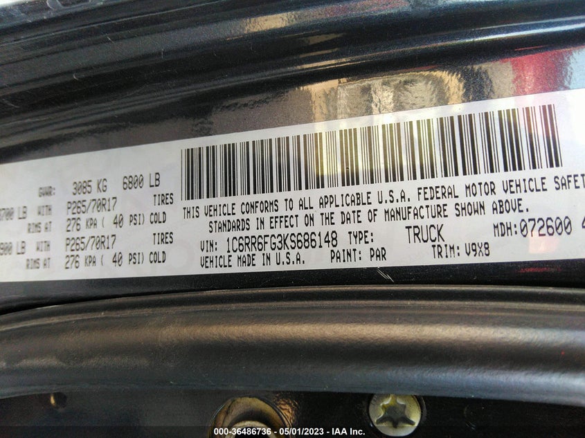 VIN 1C6RR6FG3KS686148 2019 RAM 1500 CLASSIC TRADESMAN